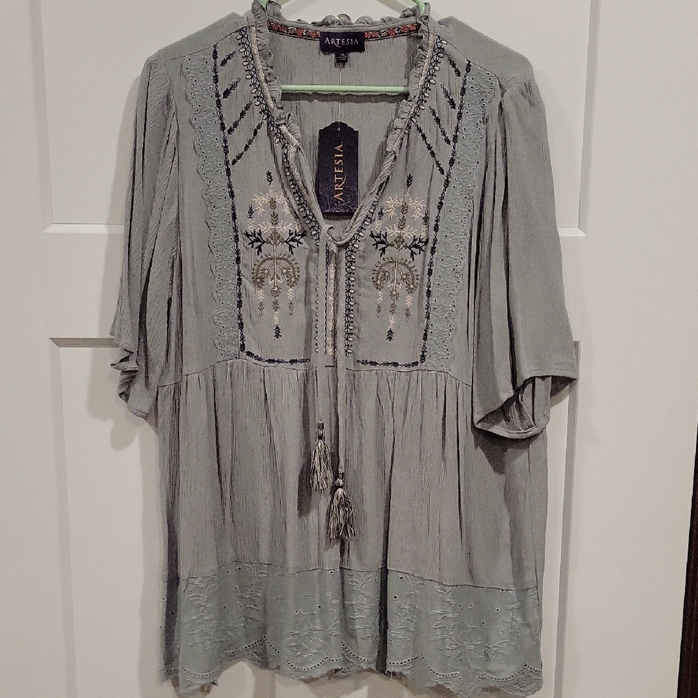 Sage Green Embroidered Tunic Top